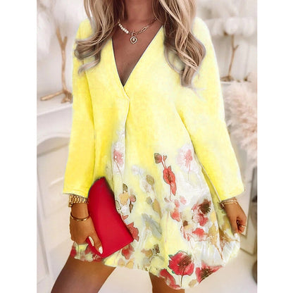 V-neck Loose Print Long-sleeved Dress