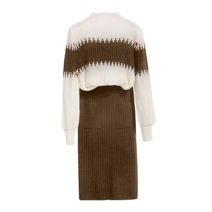 Women's 2-Piece Sweater Set Color-Block Long Sleeve Knit Top & Pocket Skirt For Winter Formal Occasions