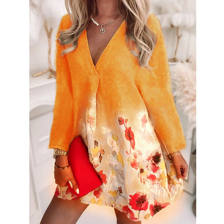 V-neck Loose Print Long-sleeved Dress