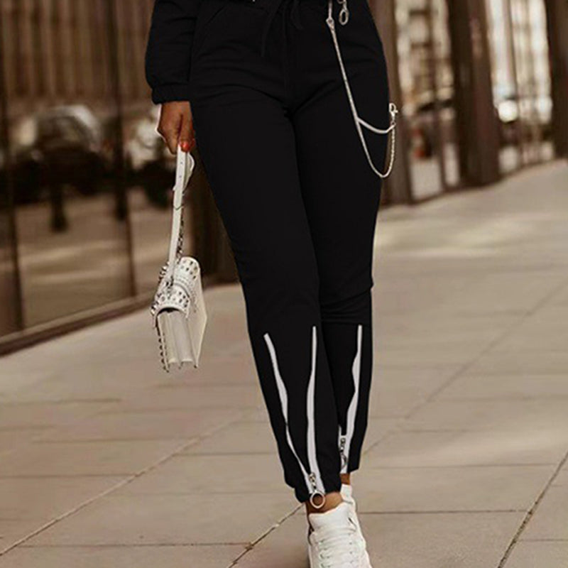 Women's Two Piece Set Cropped Long Sleeve Top With Drawstring Pocket Pants Casual Outfit Zipper Detail Tracksuit