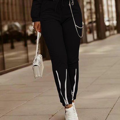 Women's Two Piece Set Cropped Long Sleeve Top With Drawstring Pocket Pants Casual Outfit Zipper Detail Tracksuit