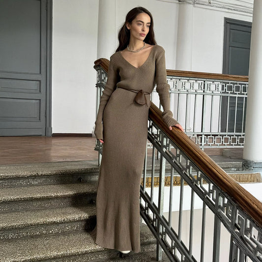 V-neck Slim Solid Color Long Sleeve Dress