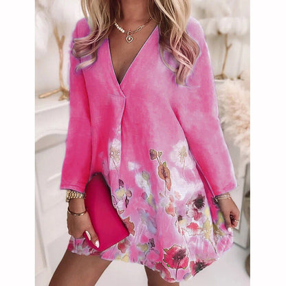 V-neck Loose Print Long-sleeved Dress